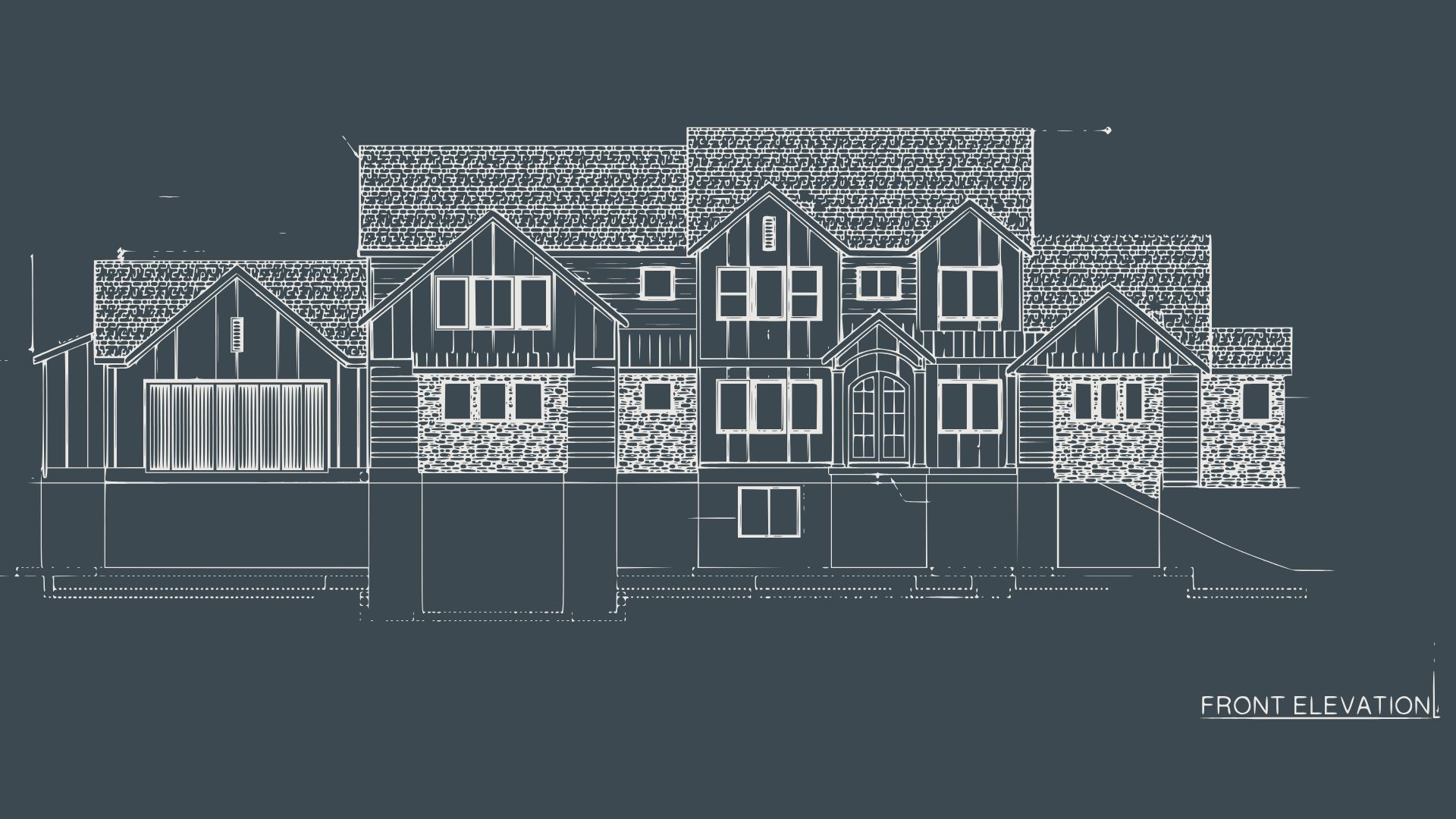 Front elevation drawing of a custom home, centered on the arched entry