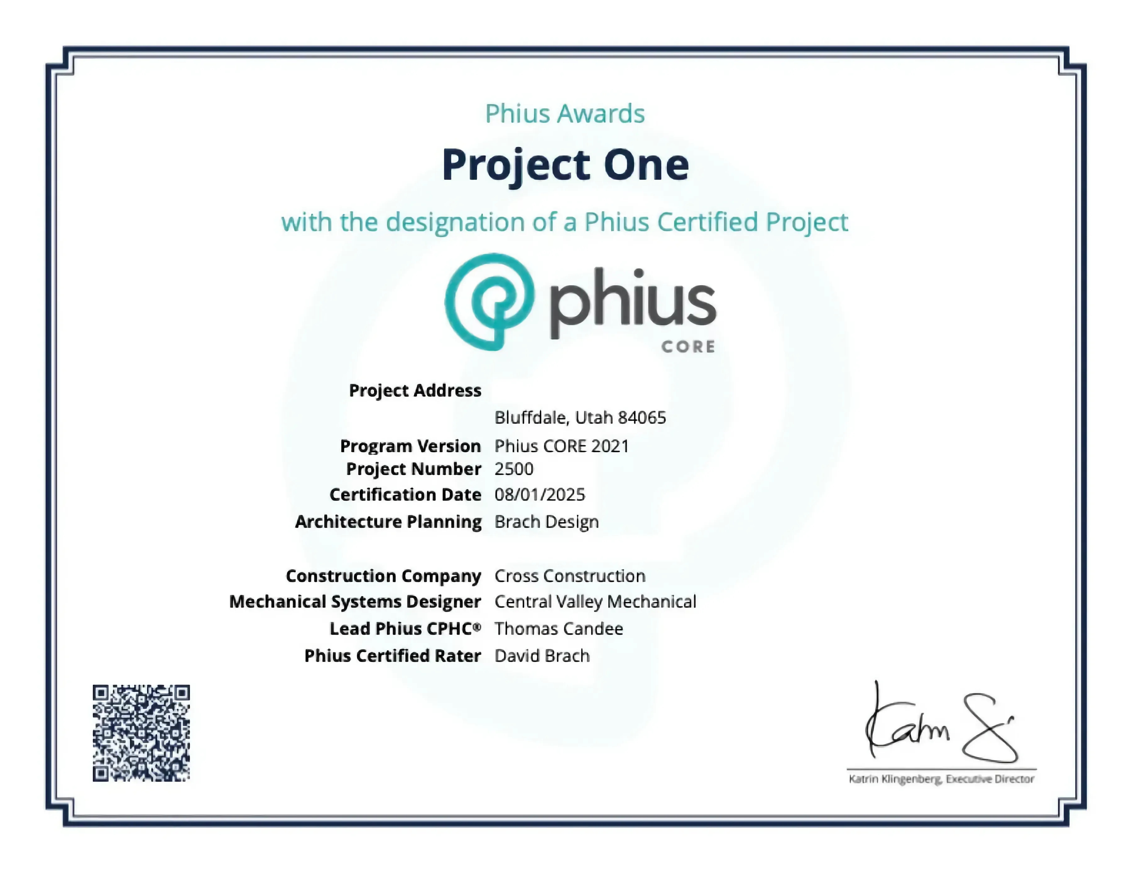 PHIUS CORE certificate for Project One, certified August 2025